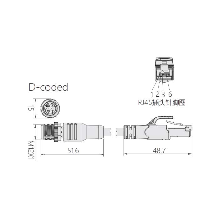 M12 4Pin D-coded、公頭直型轉(zhuǎn)RJ45公頭直型、雙端預(yù)鑄PVC非柔性電纜、帶屏蔽、黃色護(hù)套、0C4168-XXX